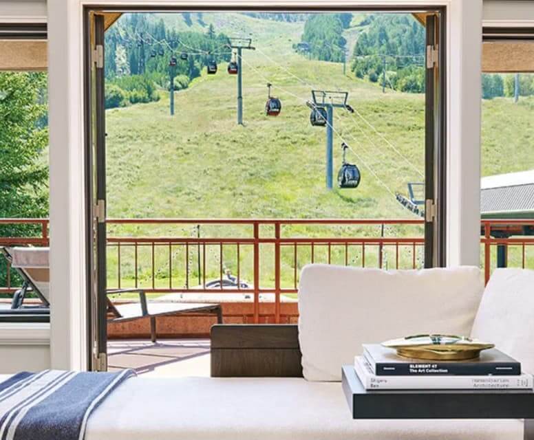 A summer view of the Aspen Gondola from a room at The Little Nell.