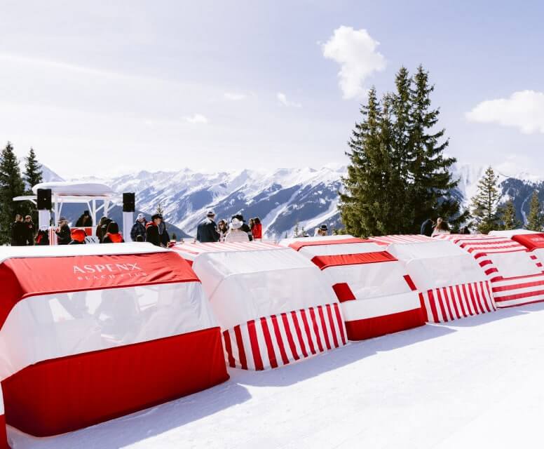 ASPENX Beach Club lounge chairs and scenic view on Aspen Mountain.