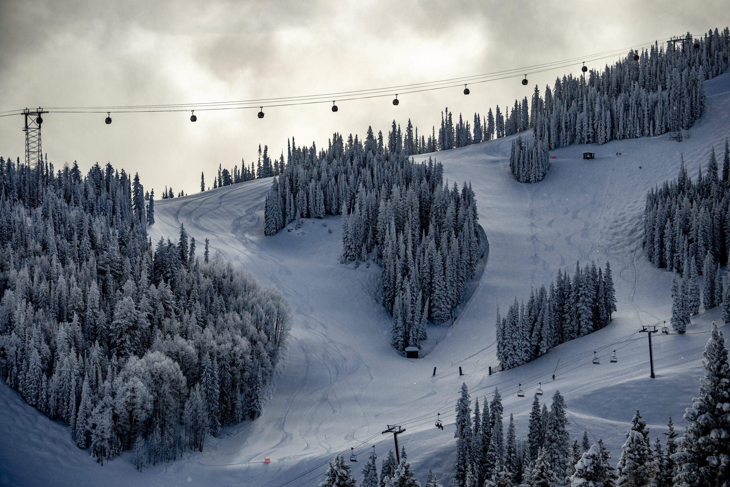 Moody image of Aspen Mountain on a winter day, Silver Queen Gondola runs high above white snowy runs, lines with snow topped trees