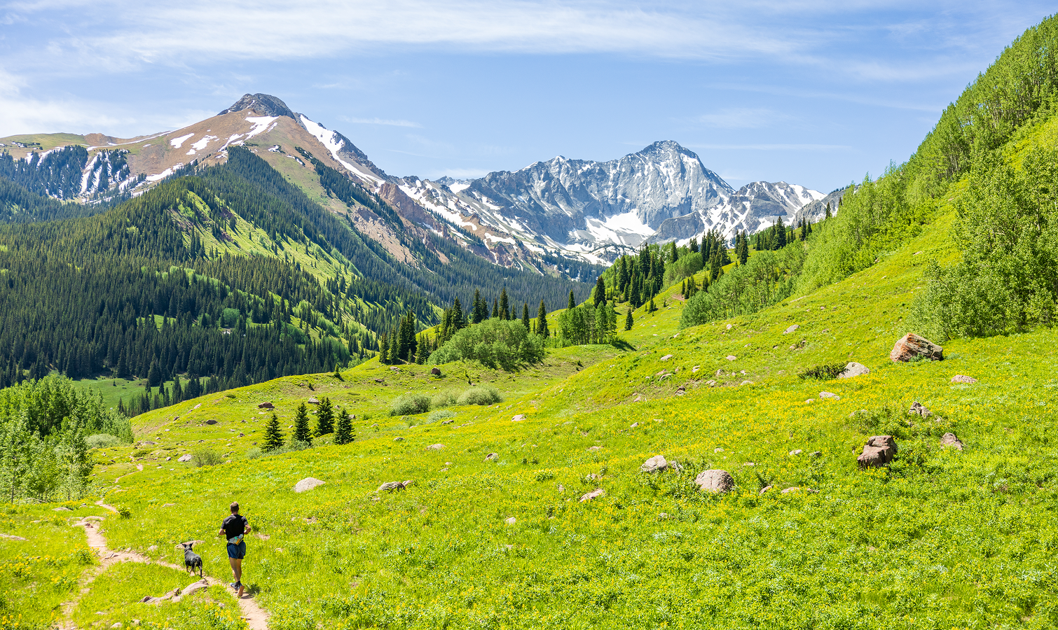 Woman trail runs through field in snowmass