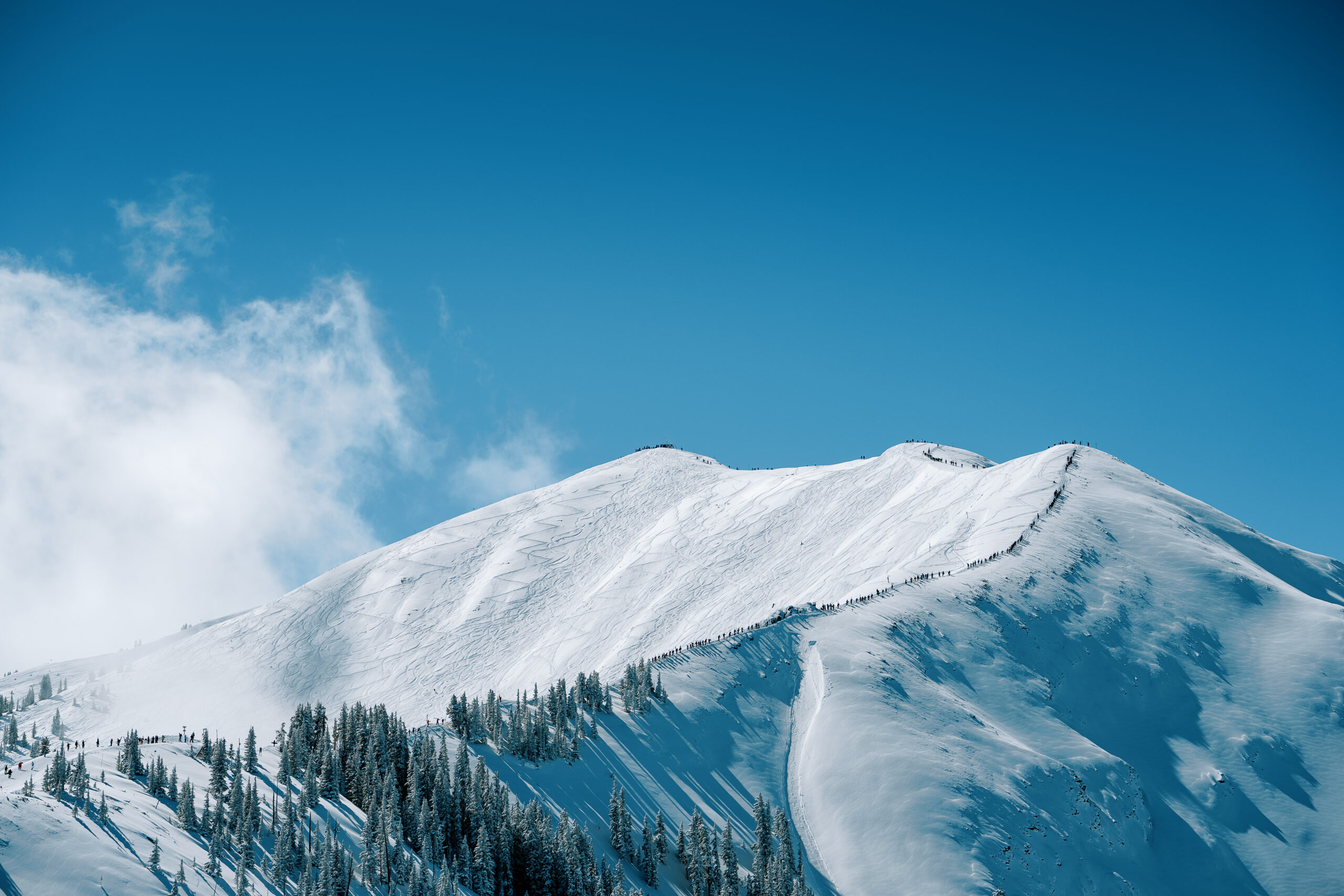 Aspen highlands bowl on a snowy, blue bird day